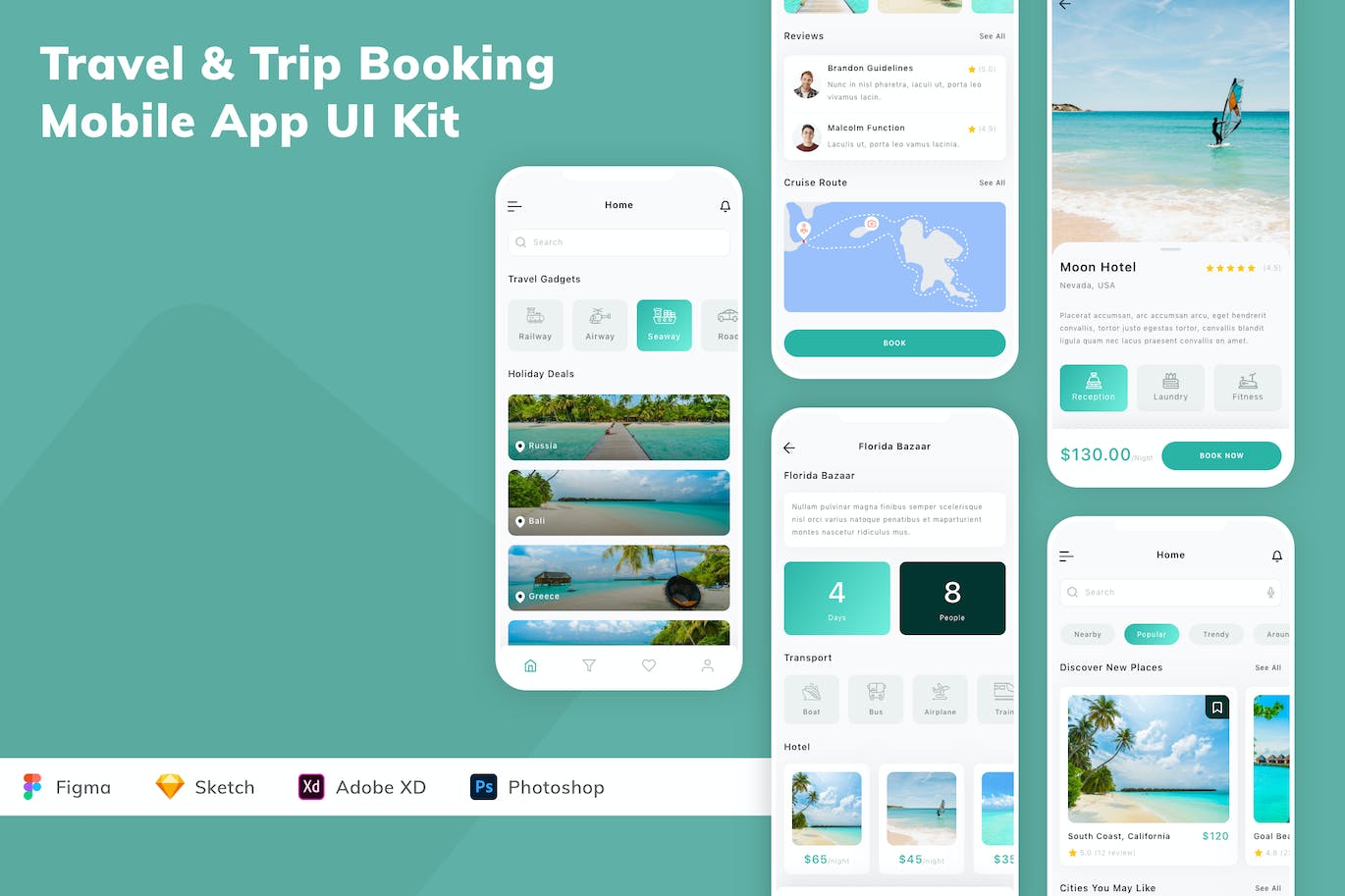 旅游和旅行预订移动应用程序设计套件 Travel &amp; Trip Booking Mobile App UI Kit