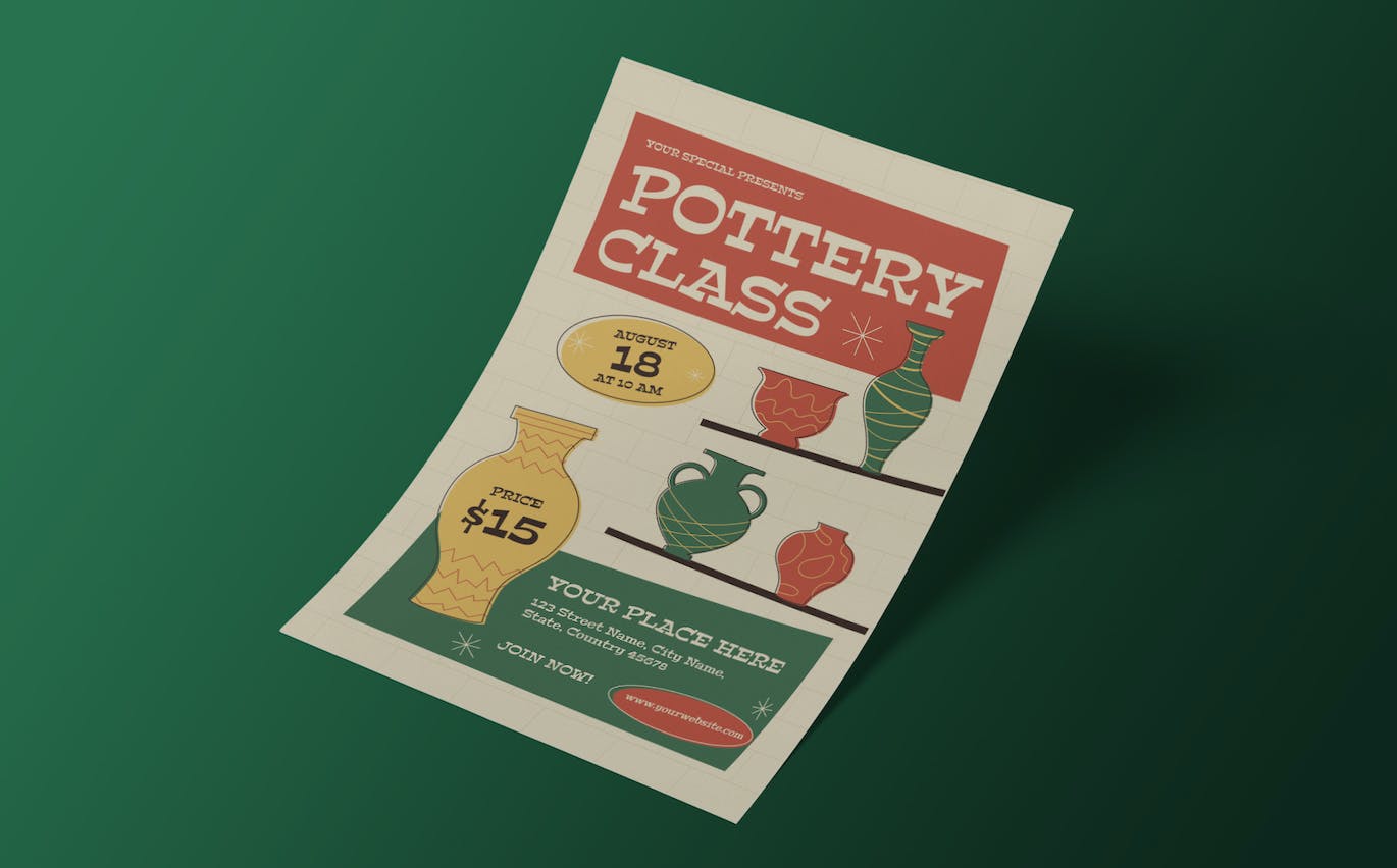 世纪中期风格陶器宣传单设计模板  Pottery Class Flyer Mid Century Style