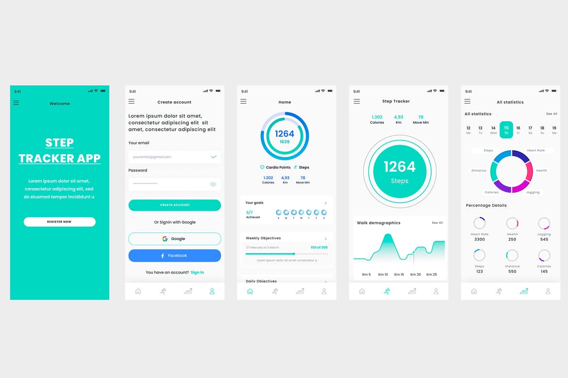习惯追踪、健康和步行追踪器应用程序UI模板 Step, Habit Tracking, Health &amp; Walking Tracker App
