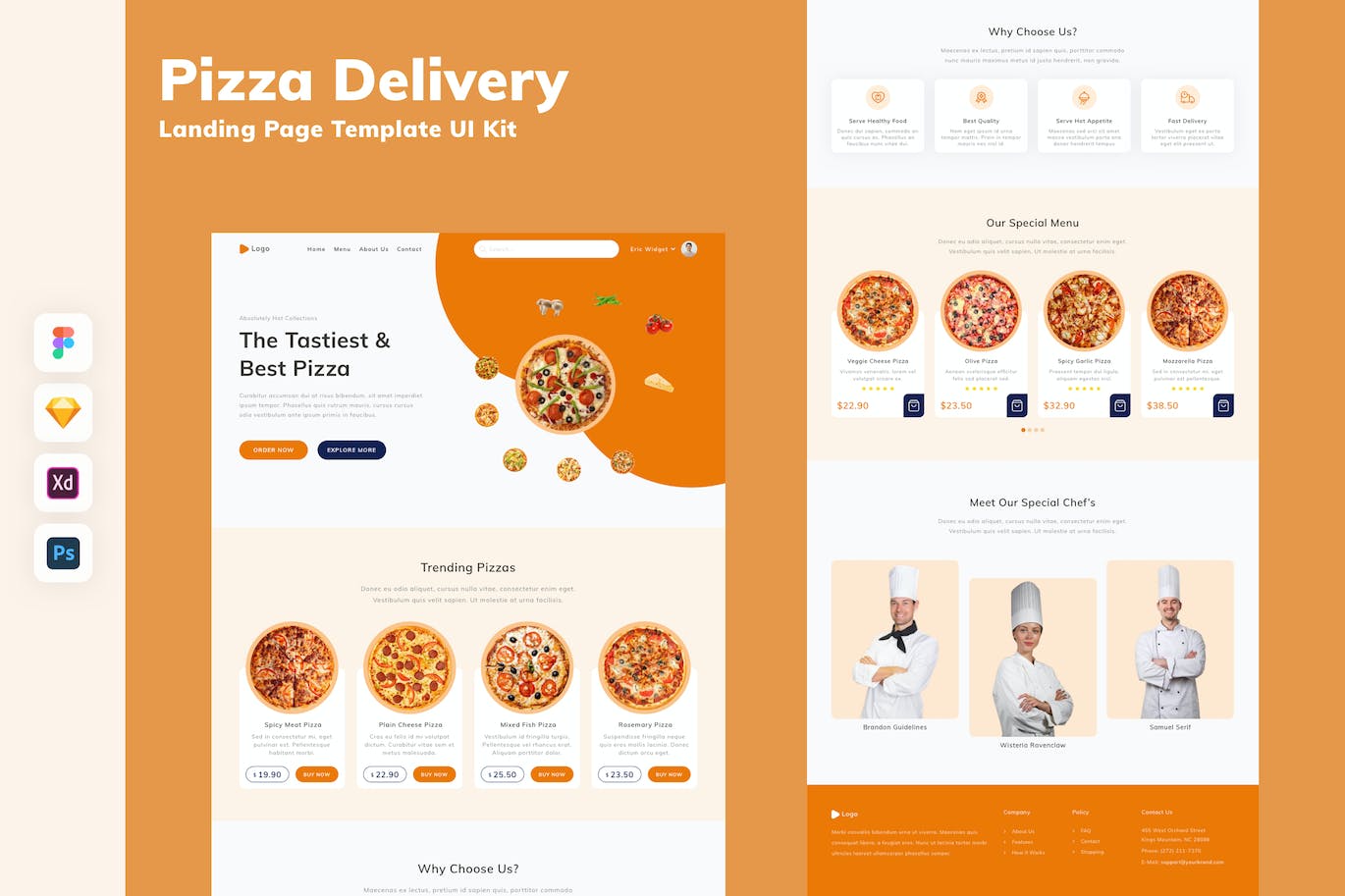 Pizza配送网站着陆页模板UI套件 Pizza Delivery Landing Page Template UI Kit