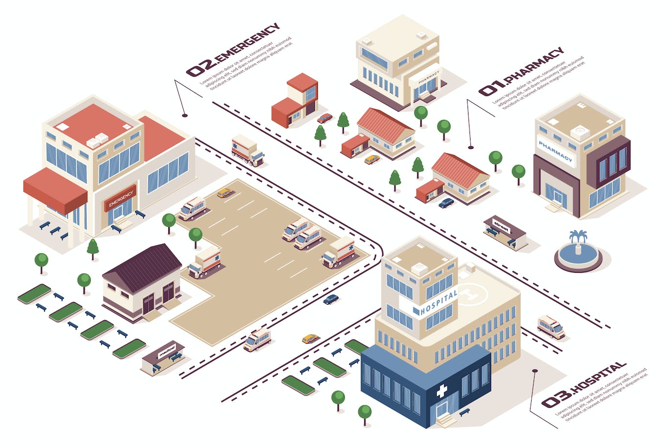 医疗中心概念3D等距基建场景矢量插画 Medical Center Isometric Infographic