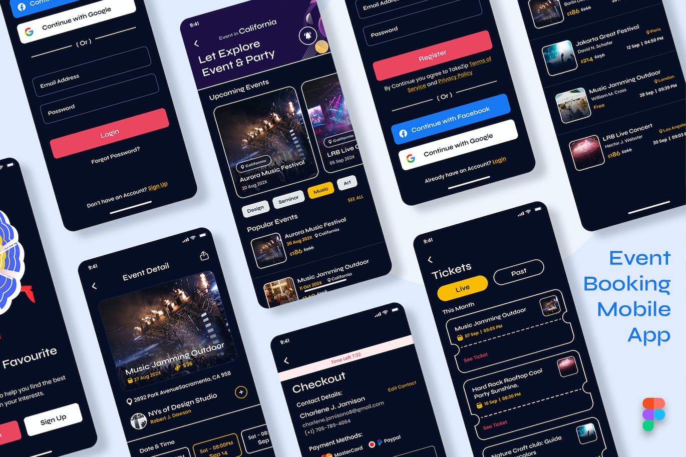 活动门票预订App应用程序UI模板套件 TakeZip-Event Tickets Booking Mobile App UI Kit