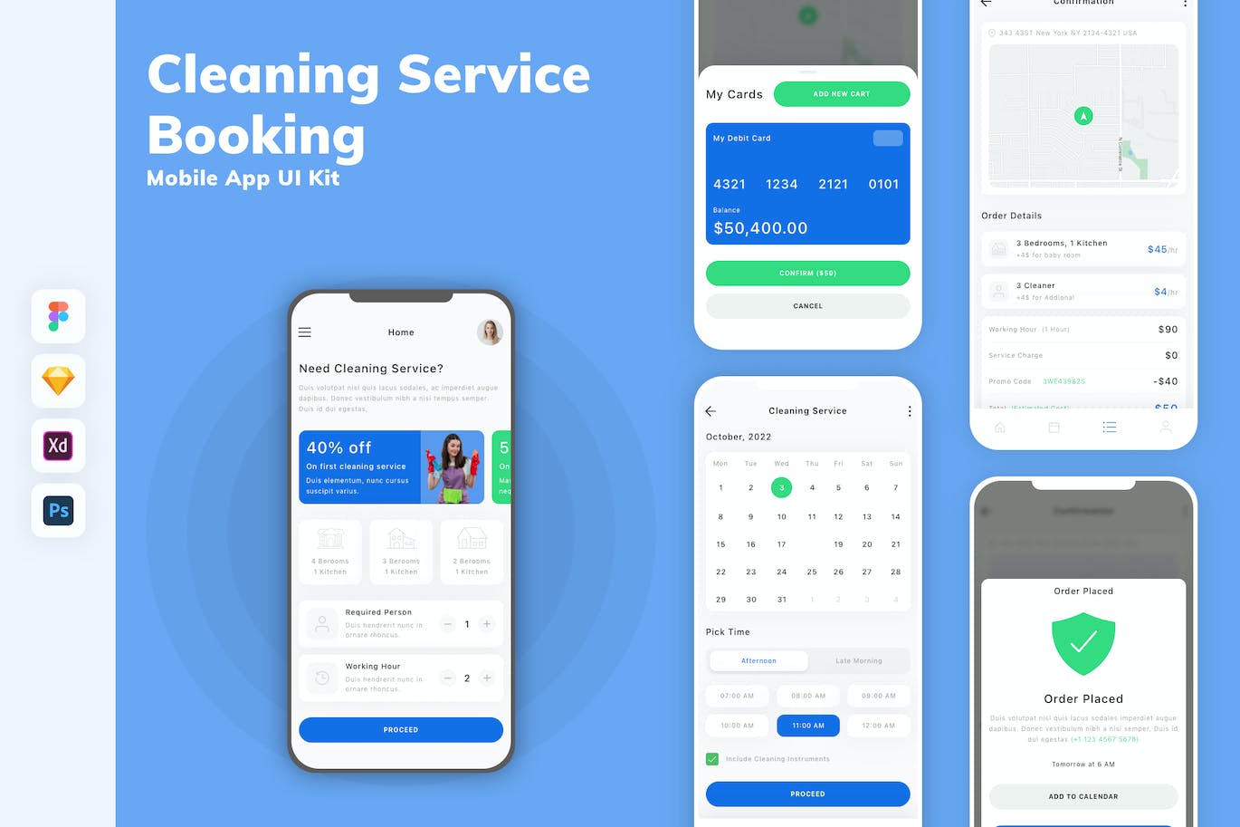 清洁服务预订移动应用UI套件 Cleaning Service Booking Mobile App UI Kit