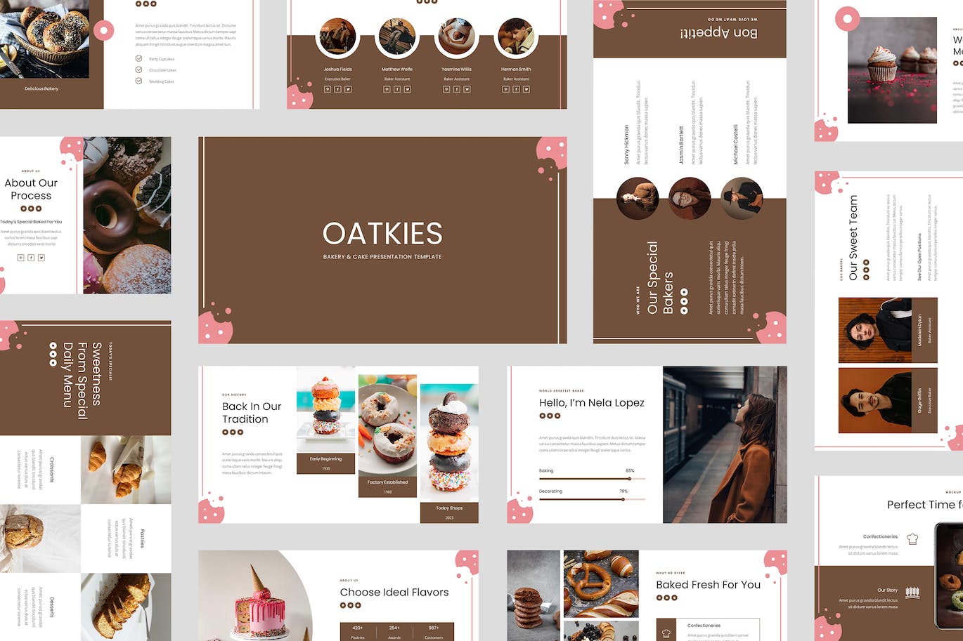 面包店和蛋糕店谷歌幻灯片创意模板  Oatkies &#8211; Bakery Cake Shop Google Slides Template