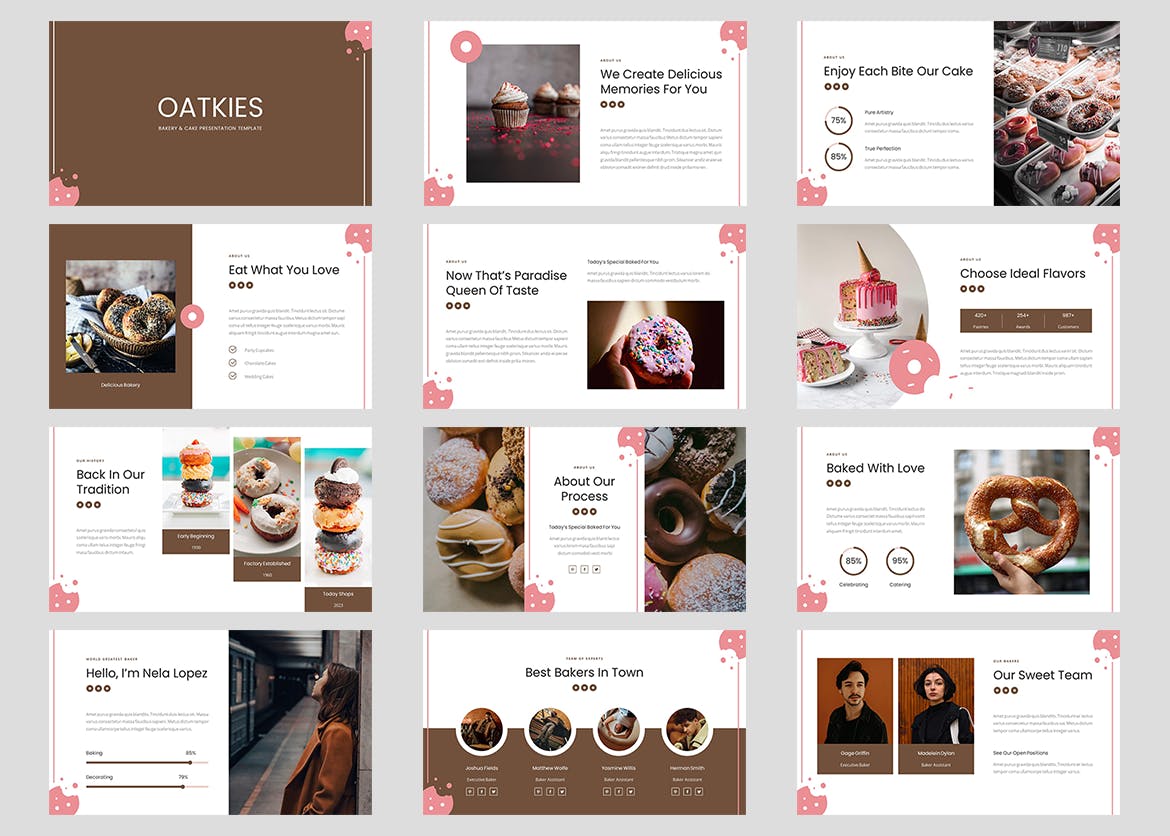 面包店和蛋糕店谷歌幻灯片创意模板  Oatkies &#8211; Bakery Cake Shop Google Slides Template