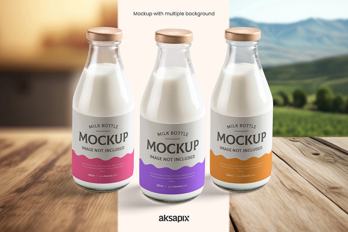 牛奶瓶玻璃瓶包装样机 Milk Bottle Mockup