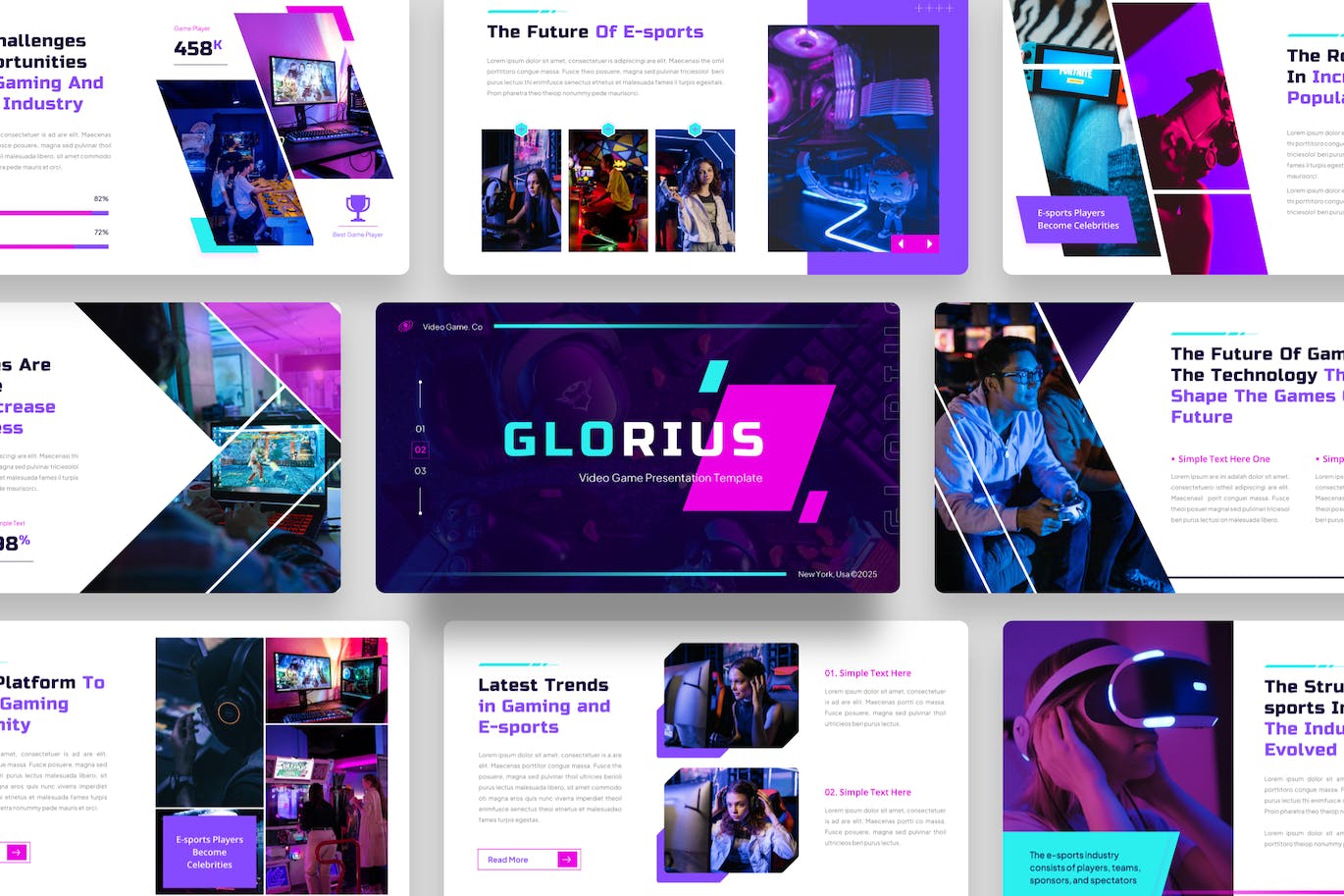 游戏世界探索创作演示文稿PPT模板 Glorius &#8211; Video Game PowerPoint Template