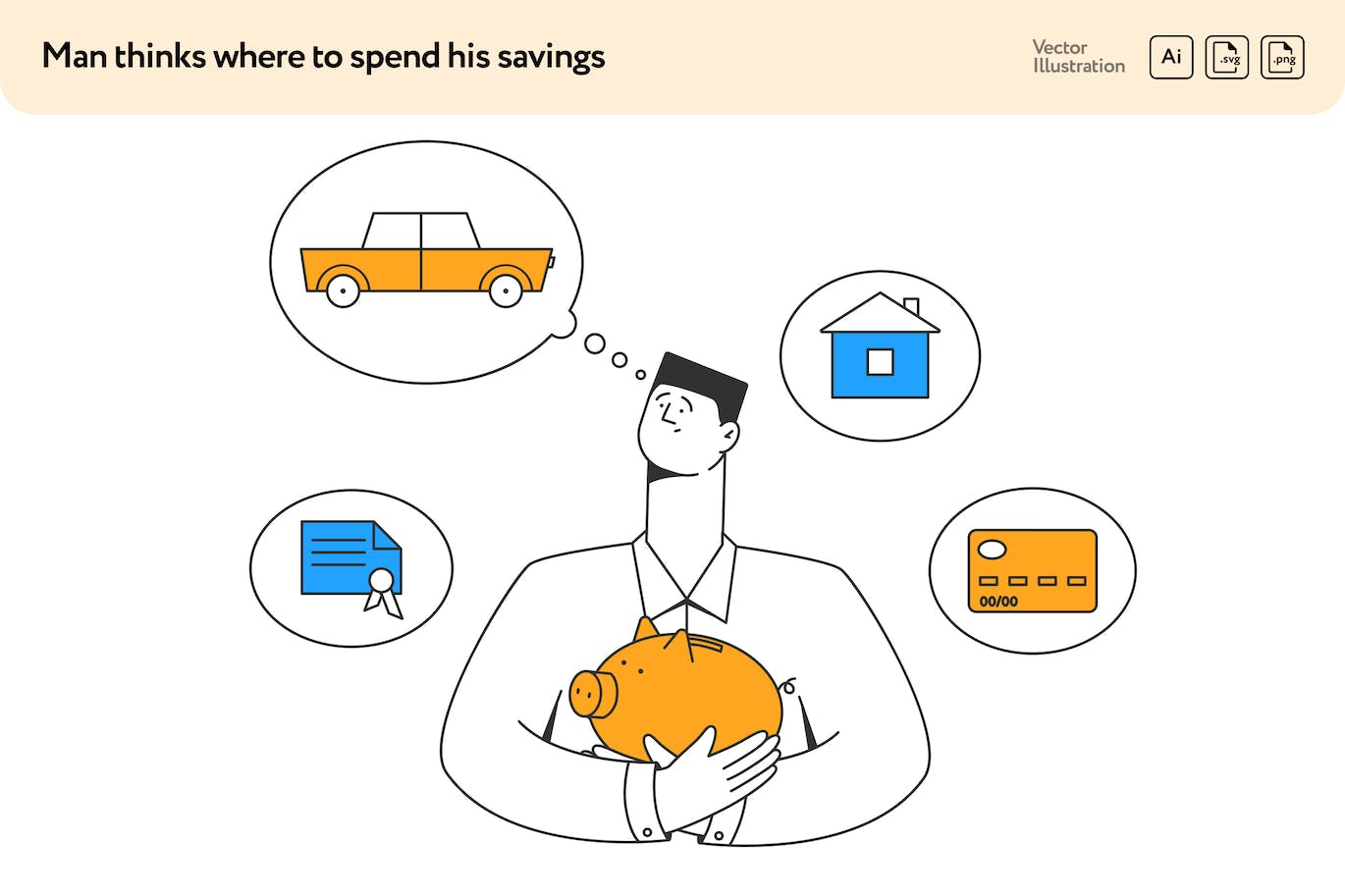 积蓄消费方向矢量插画素材 Man Thinks Where to Spend his Savings