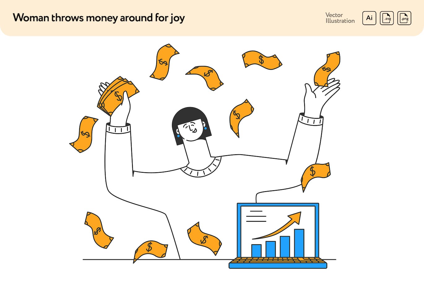 撒钱收入增加概念矢量插画素材 Woman Throws Money Around for Joy