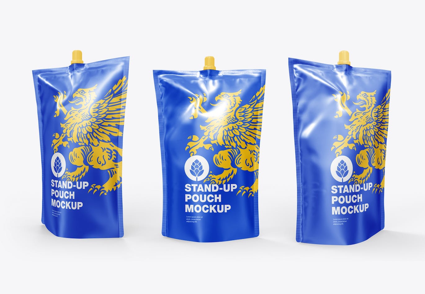 3个自立式液体包装袋设计样机图psd模板 Set 3 Stand Up Pouches for Liquids Mockup