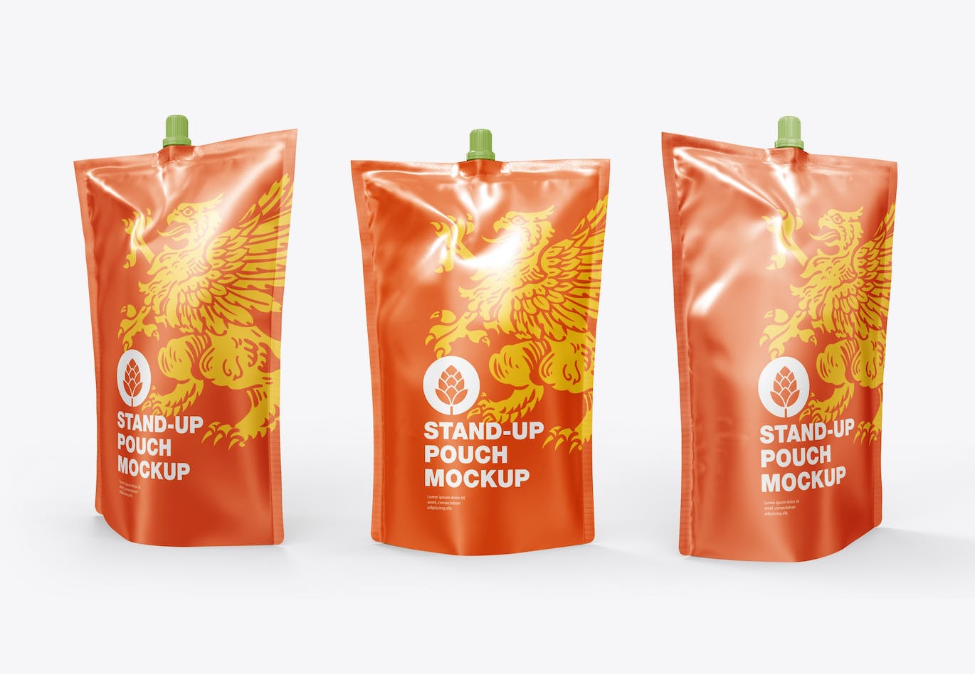 3个自立式液体包装袋设计样机图psd模板 Set 3 Stand Up Pouches for Liquids Mockup