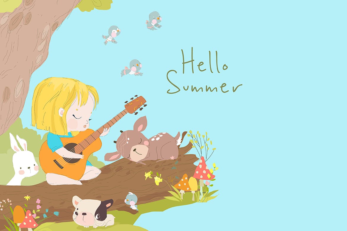 森林动物&amp;吉他女孩卡通矢量插画 Cartoon Little Girl playing Guitar with Animals