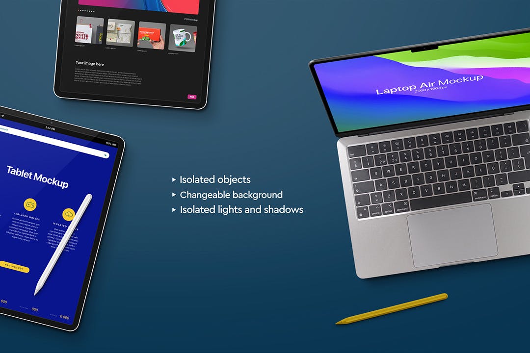 MacBook Air笔记本电脑和平板电脑专业场景样机模板 Laptop Air Mockup &amp; Tablet Pro Scene