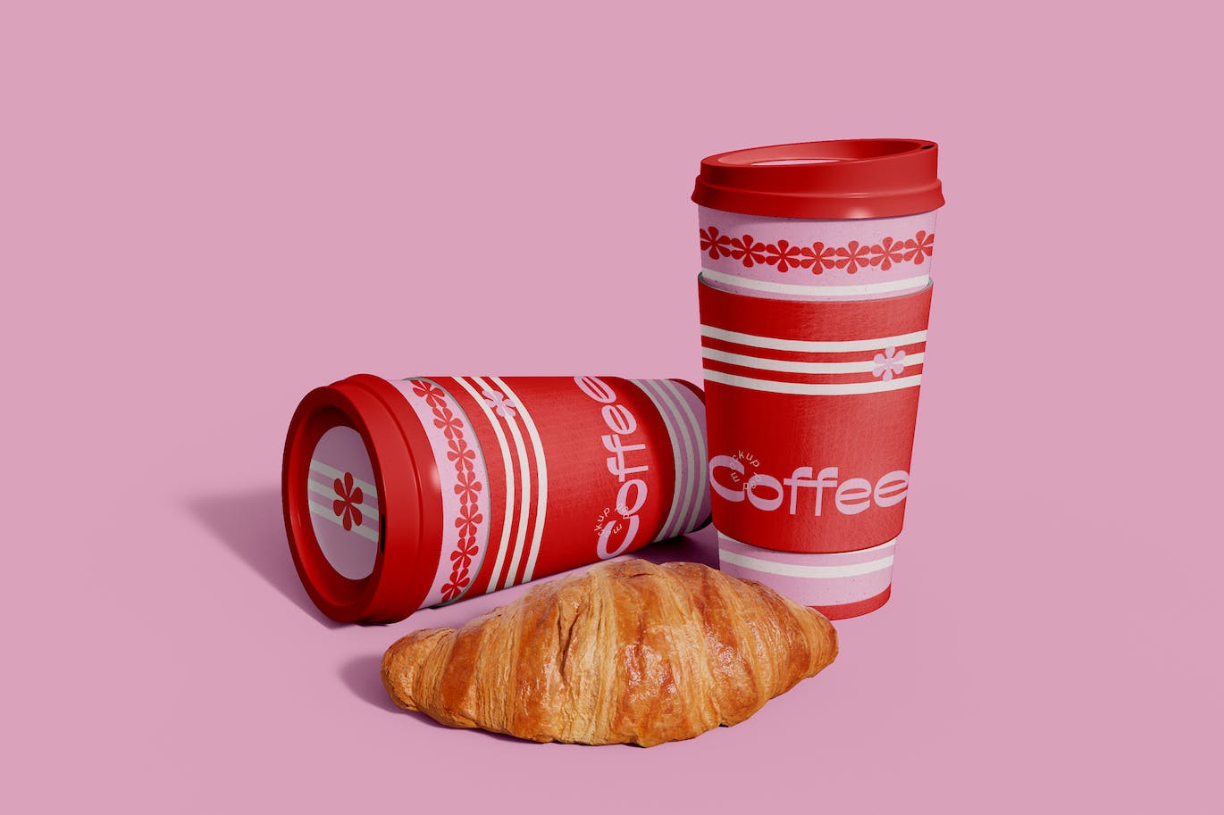 羊角面包和咖啡杯包装设计样机模板 Coffee Cups and Croissant Mockup