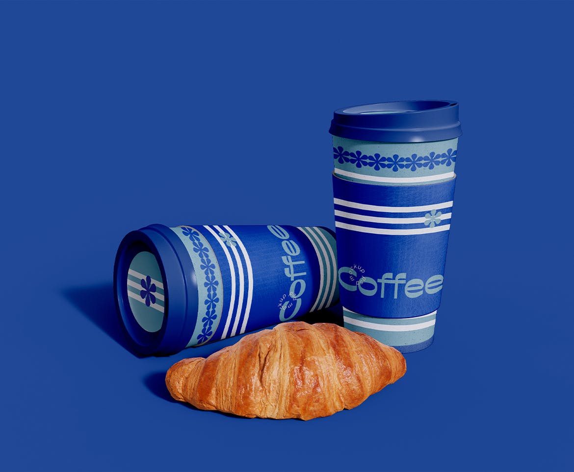 羊角面包和咖啡杯包装设计样机模板 Coffee Cups and Croissant Mockup