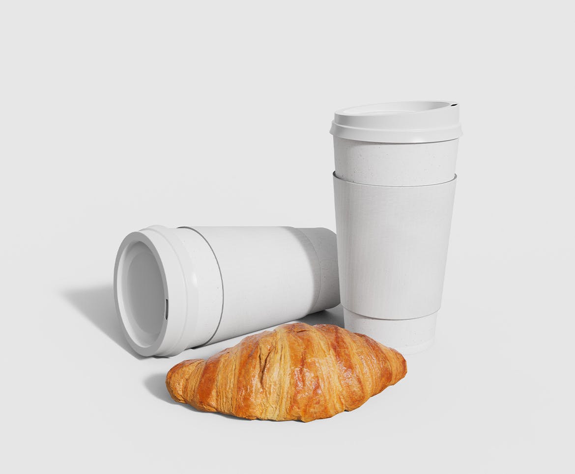 羊角面包和咖啡杯包装设计样机模板 Coffee Cups and Croissant Mockup