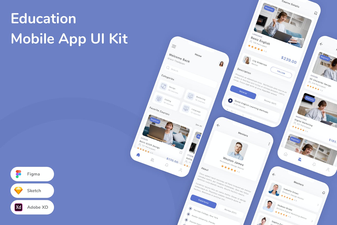 教育课程App界面设计UI模板套件 Education Mobile App UI Kit