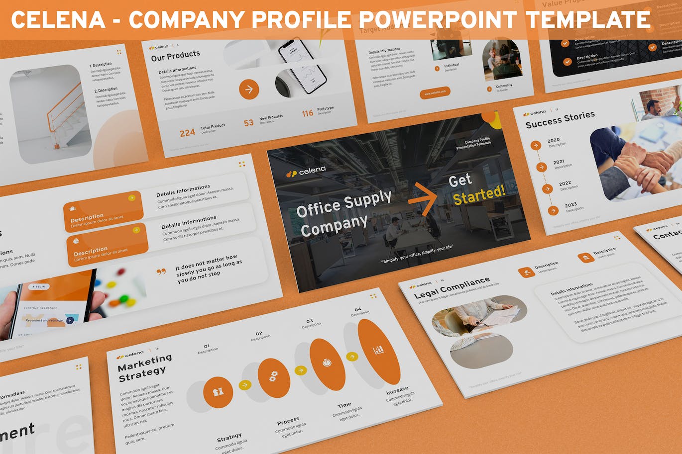 公司概况与发展路线PowerPoint演示文稿模板 Celena &#8211; Company Profile Powerpoint Template