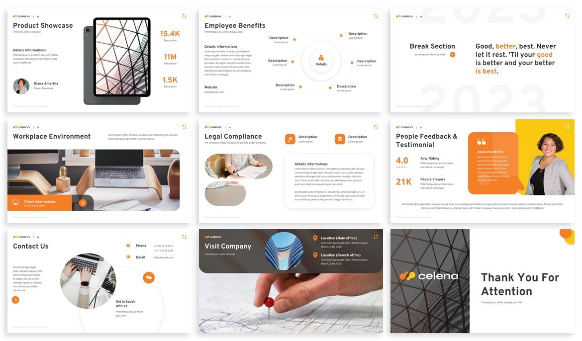 公司概况与发展路线PowerPoint演示文稿模板 Celena &#8211; Company Profile Powerpoint Template