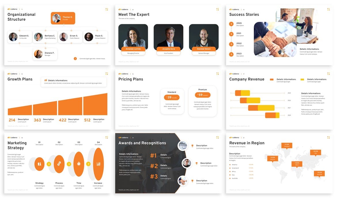 公司概况与发展路线PowerPoint演示文稿模板 Celena &#8211; Company Profile Powerpoint Template