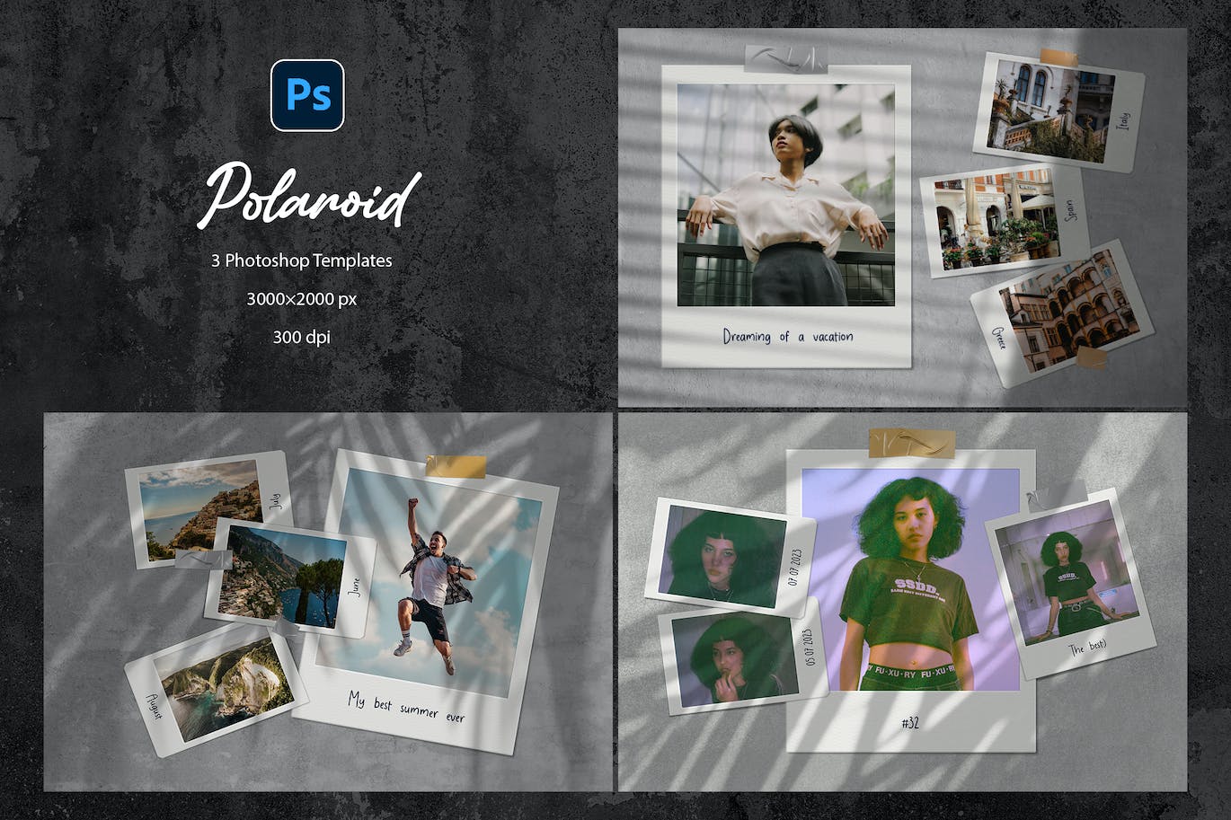 自然阴影白色宝丽来照片样机模板 3 Polaroid Photo Templates