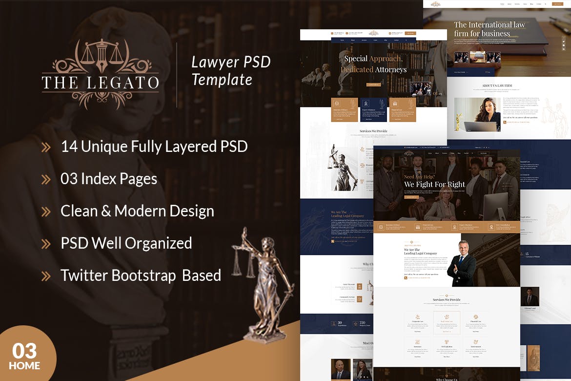 律师和辩护律师网站设计PSD模板 Legato Lawyer and Advocate PSD Template