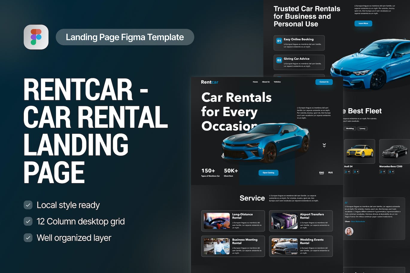 汽车租赁服务网站着陆页UI模板 Rentcar &#8211; Car Rental Landing Page