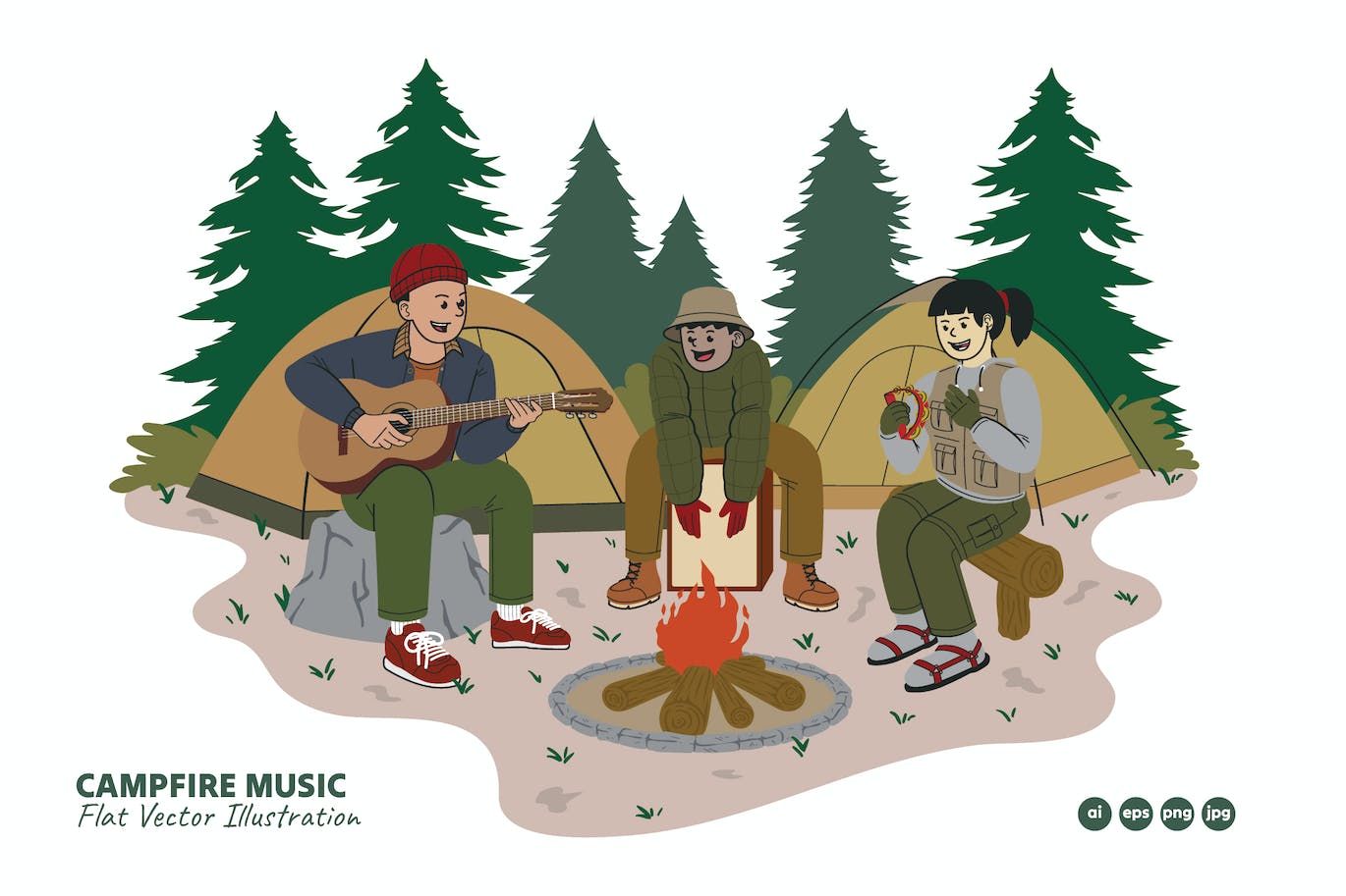 篝火音乐活动场景矢量插画 Campfire Music People Vector Illustration