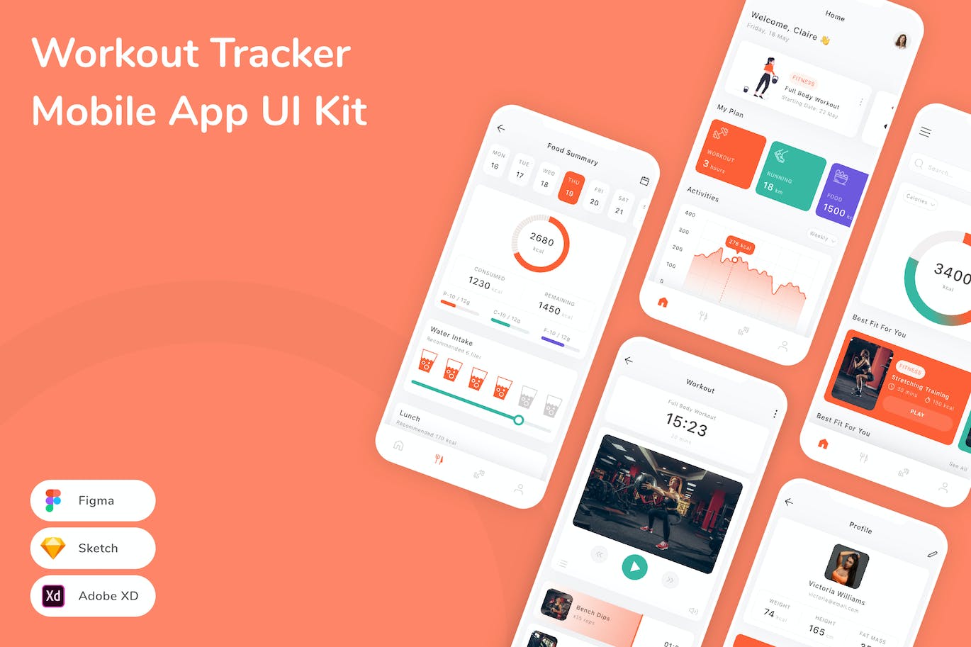 健身锻炼跟踪App界面设计UI模板套件 Workout Tracker Mobile App UI Kit