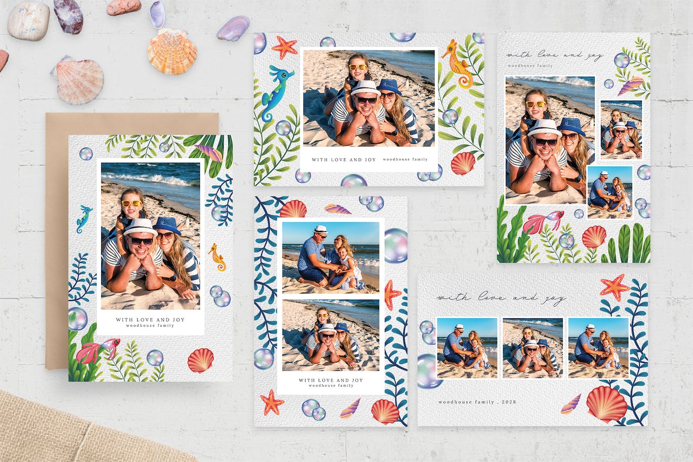 夏季海滩和海边元素照片卡样机模板集 Summer Photo Card Templates Set