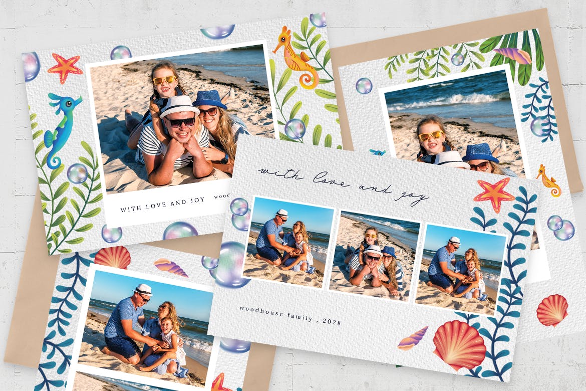 夏季海滩和海边元素照片卡样机模板集 Summer Photo Card Templates Set