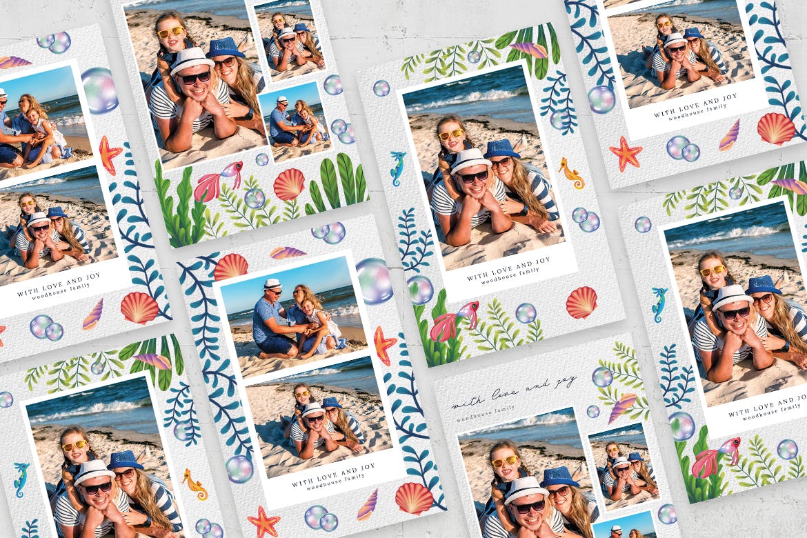 夏季海滩和海边元素照片卡样机模板集 Summer Photo Card Templates Set