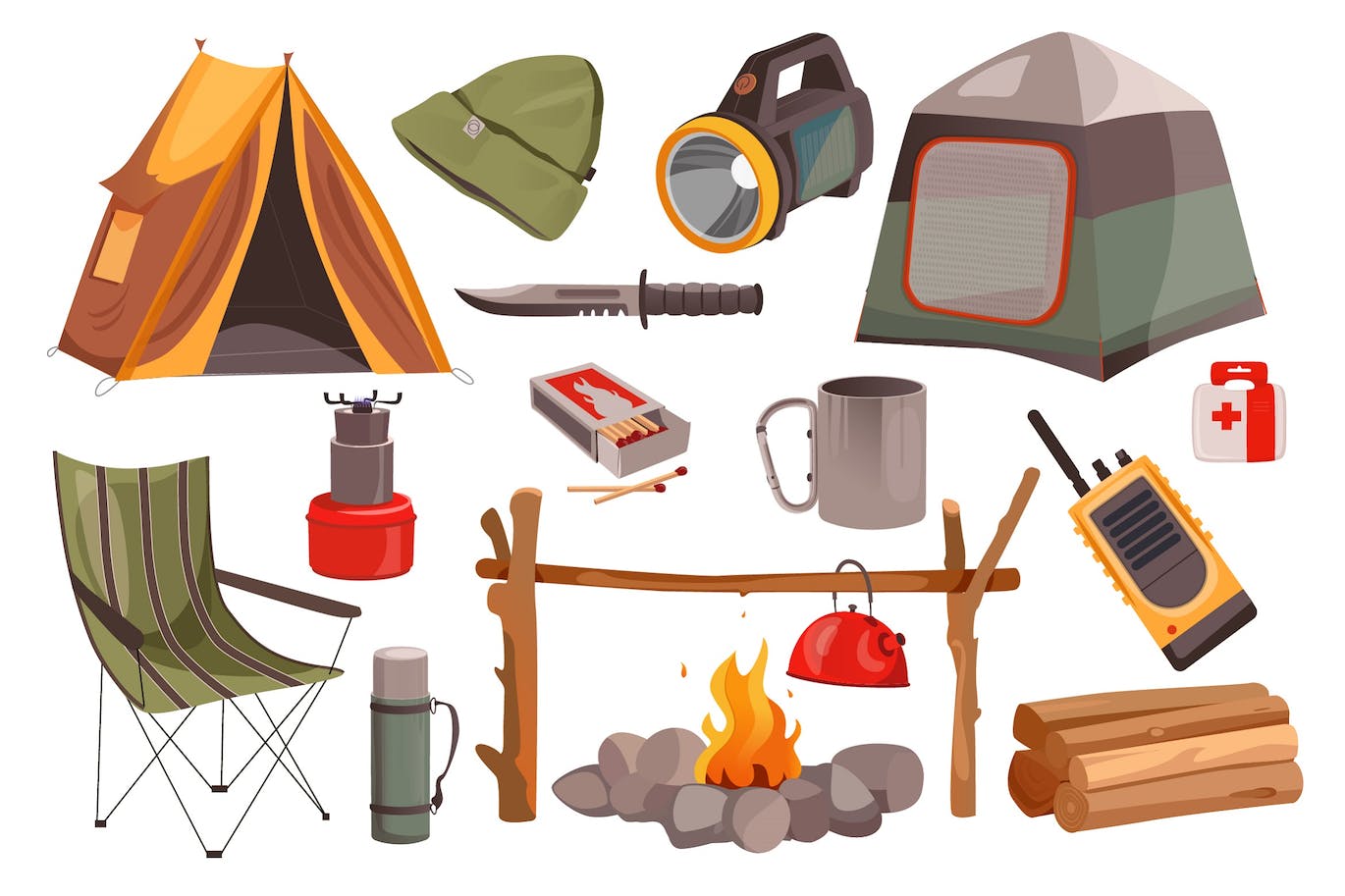 露营远足旅行元素矢量插画 Camping Hiking Set