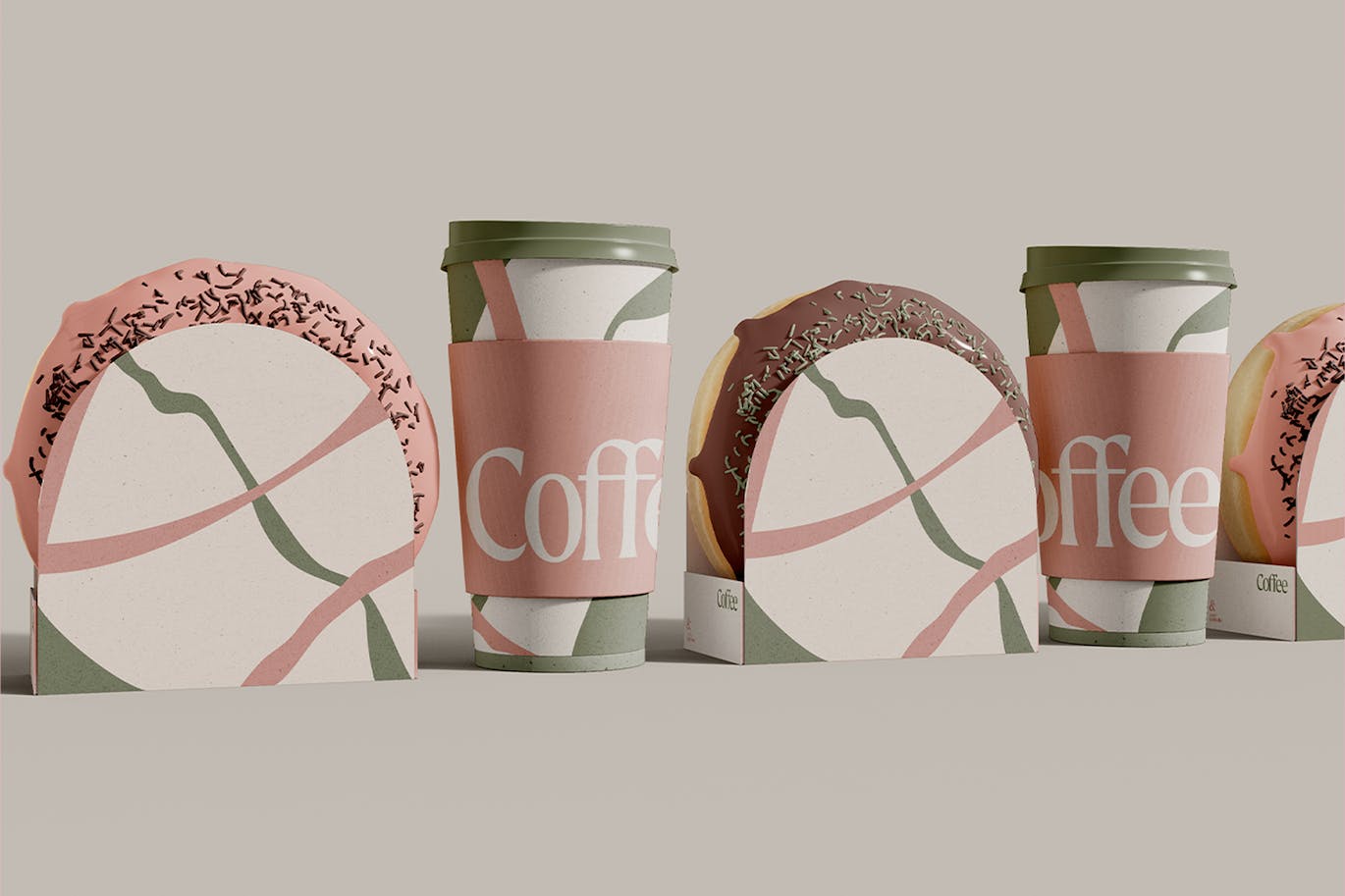 咖啡杯和甜甜圈包装盒设计展示样机 Coffee Cups and Donuts Boxes Mockup