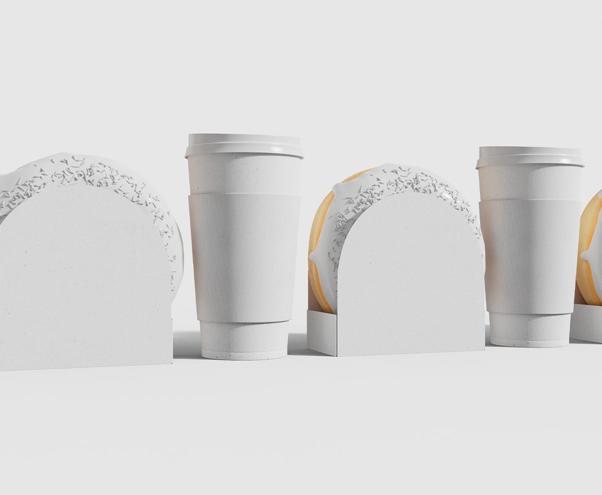 咖啡杯和甜甜圈包装盒设计展示样机 Coffee Cups and Donuts Boxes Mockup