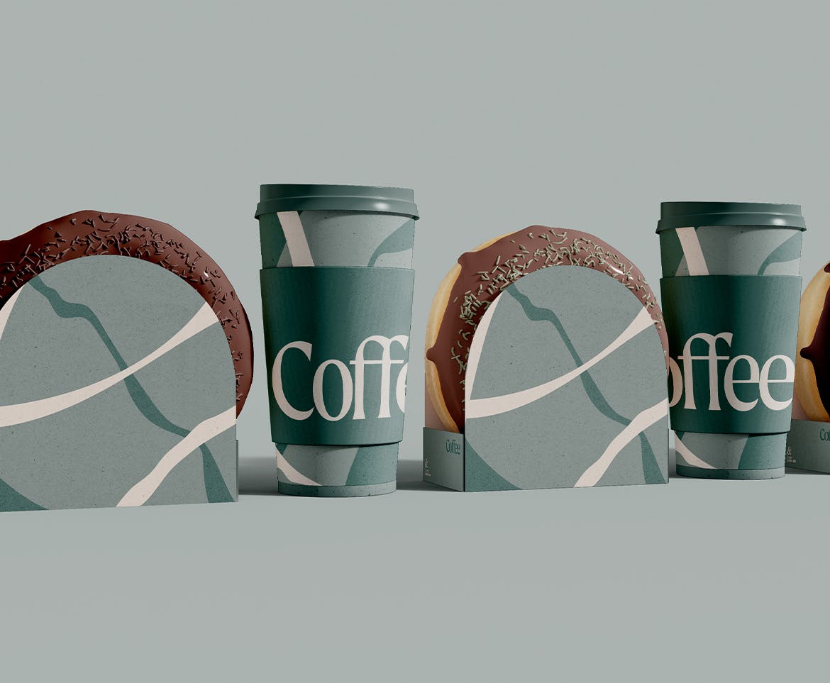 咖啡杯和甜甜圈包装盒设计展示样机 Coffee Cups and Donuts Boxes Mockup