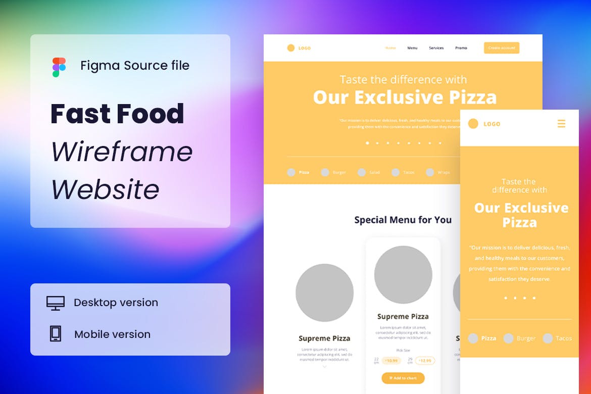 快餐餐饮网站线框图设计模板 Fast Food Wireframe Website