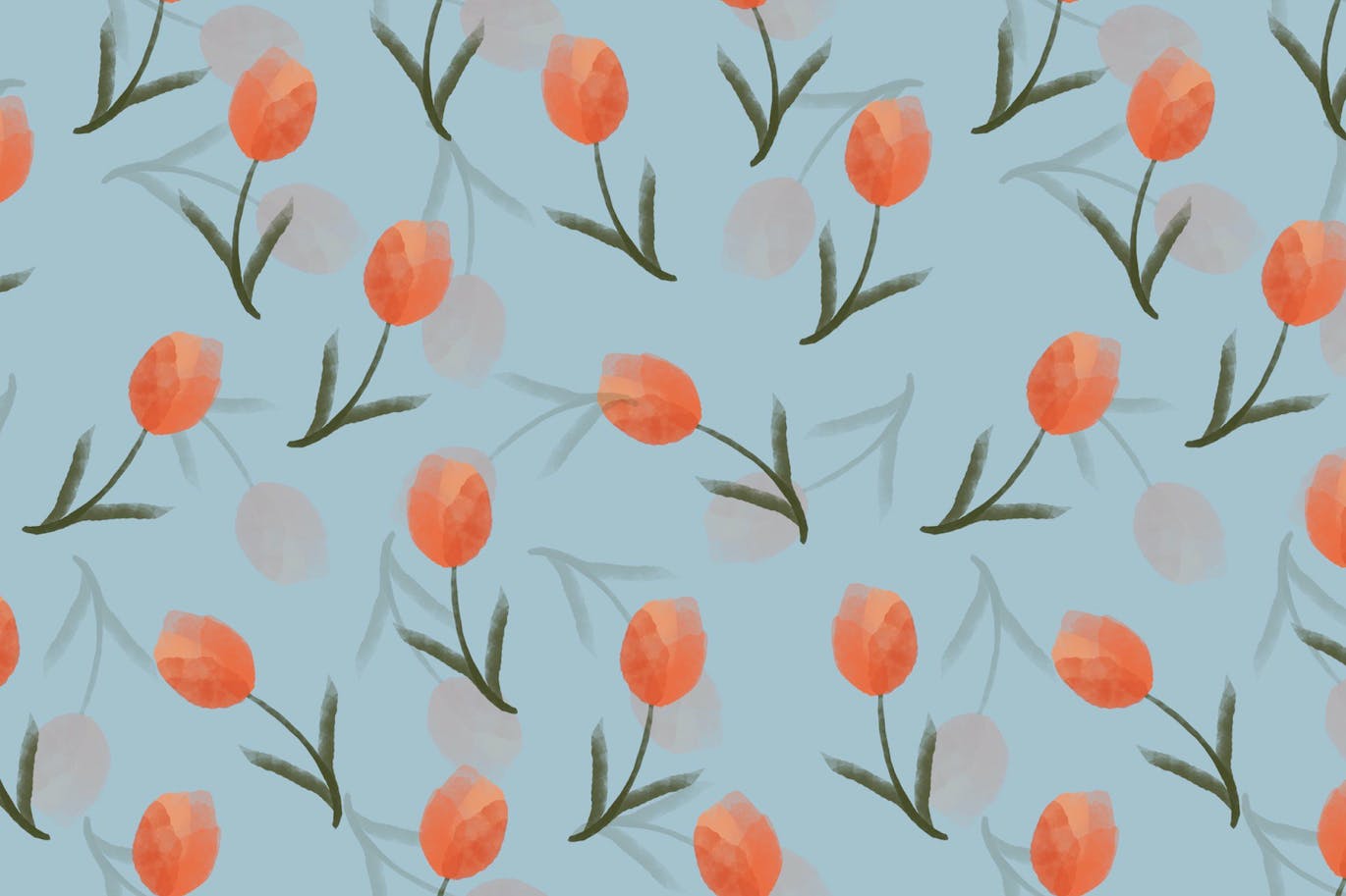 蓝色背景郁金香水彩无缝图案 Tulip Watercolor Seamless Pattern