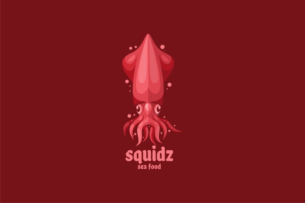 鱿鱼海鲜餐厅卡通吉祥物Logo标志模板 Squid Sea Food Restaurant Mascot Logo