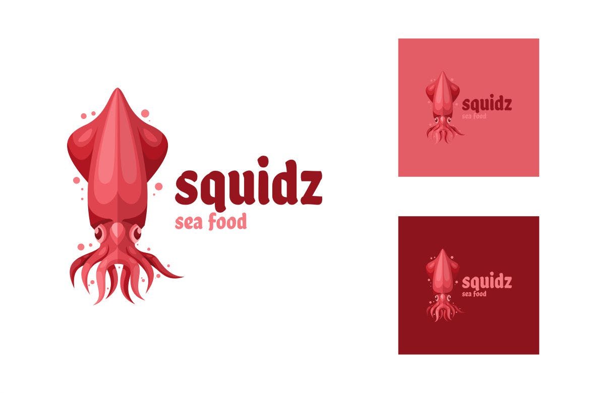 鱿鱼海鲜餐厅卡通吉祥物Logo标志模板 Squid Sea Food Restaurant Mascot Logo