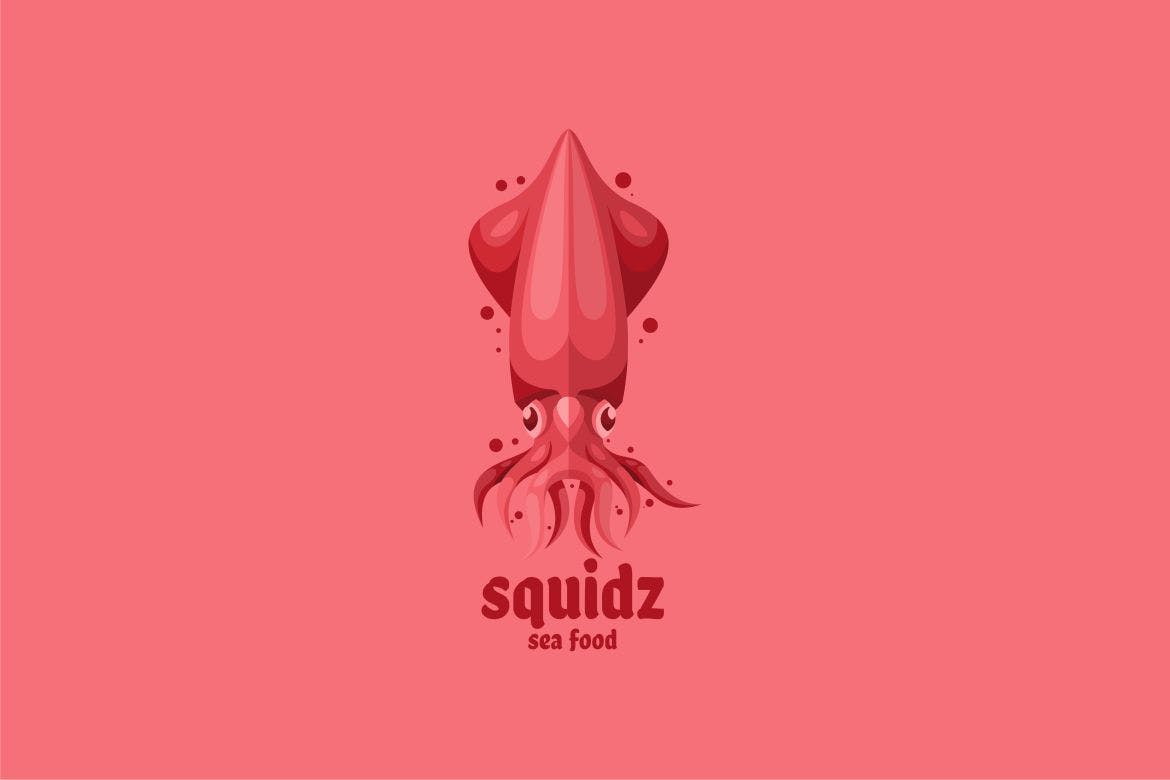 鱿鱼海鲜餐厅卡通吉祥物Logo标志模板 Squid Sea Food Restaurant Mascot Logo