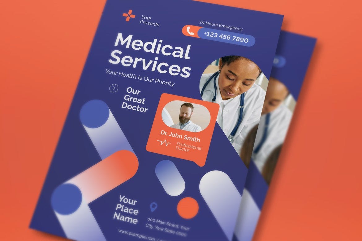 蓝色渐变几何图案现代医疗护理宣传单设计模板 Blue Gradient Geometric Modern Medical Care Flyer