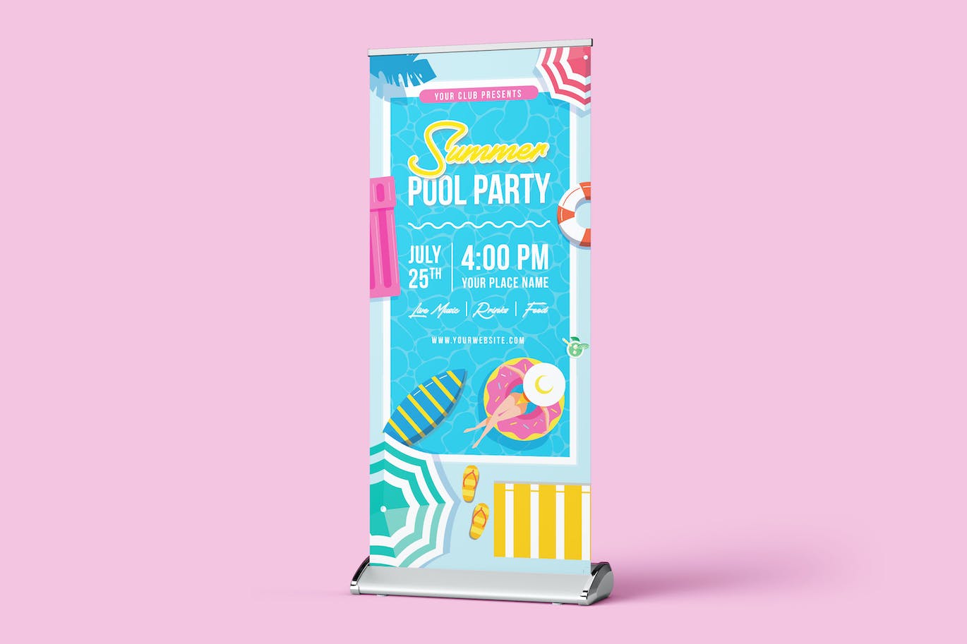 夏日泳池派对广告易拉宝设计模板 Summer Pool Party Rollup Banner