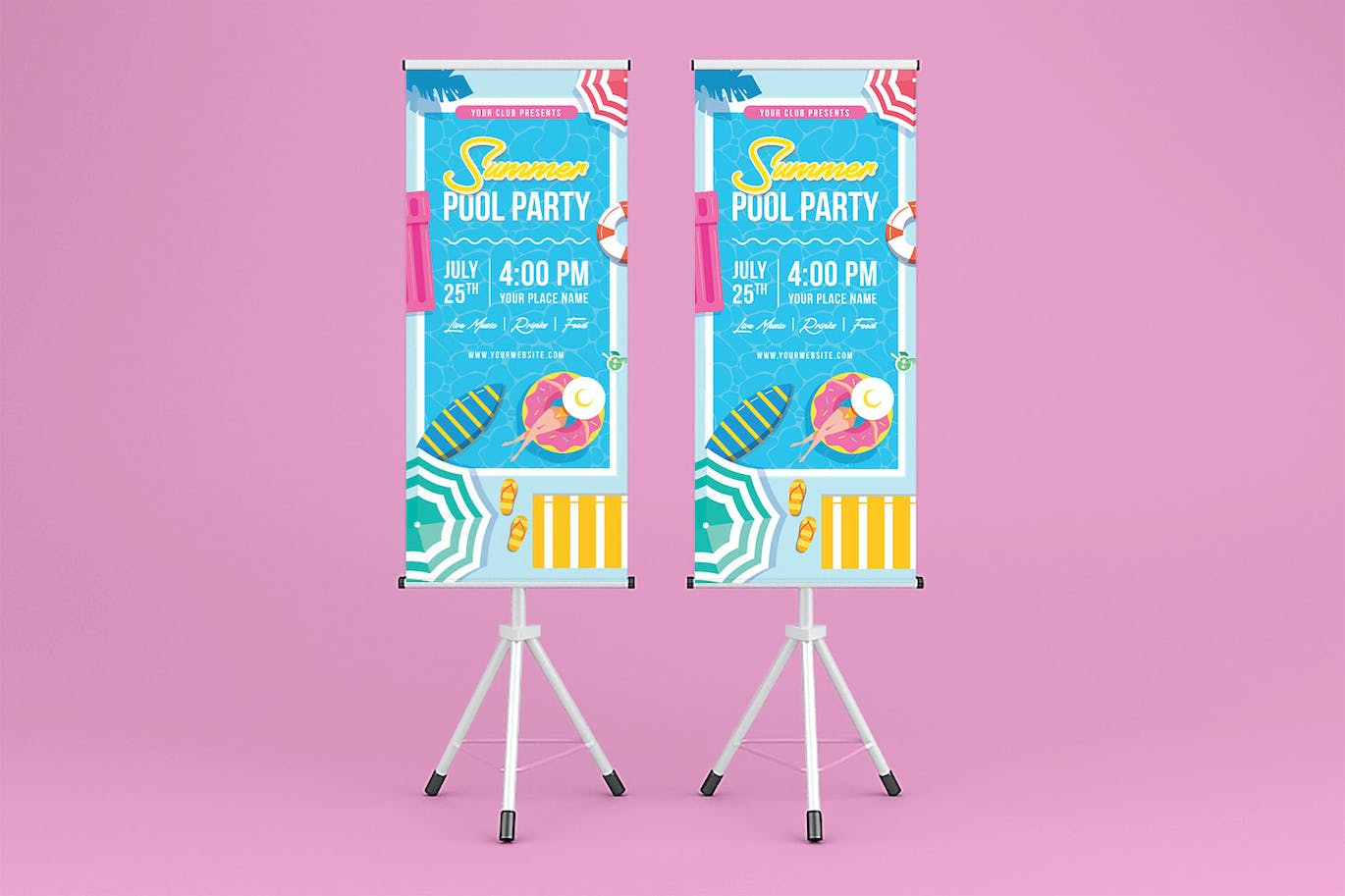 夏日泳池派对广告易拉宝设计模板 Summer Pool Party Rollup Banner