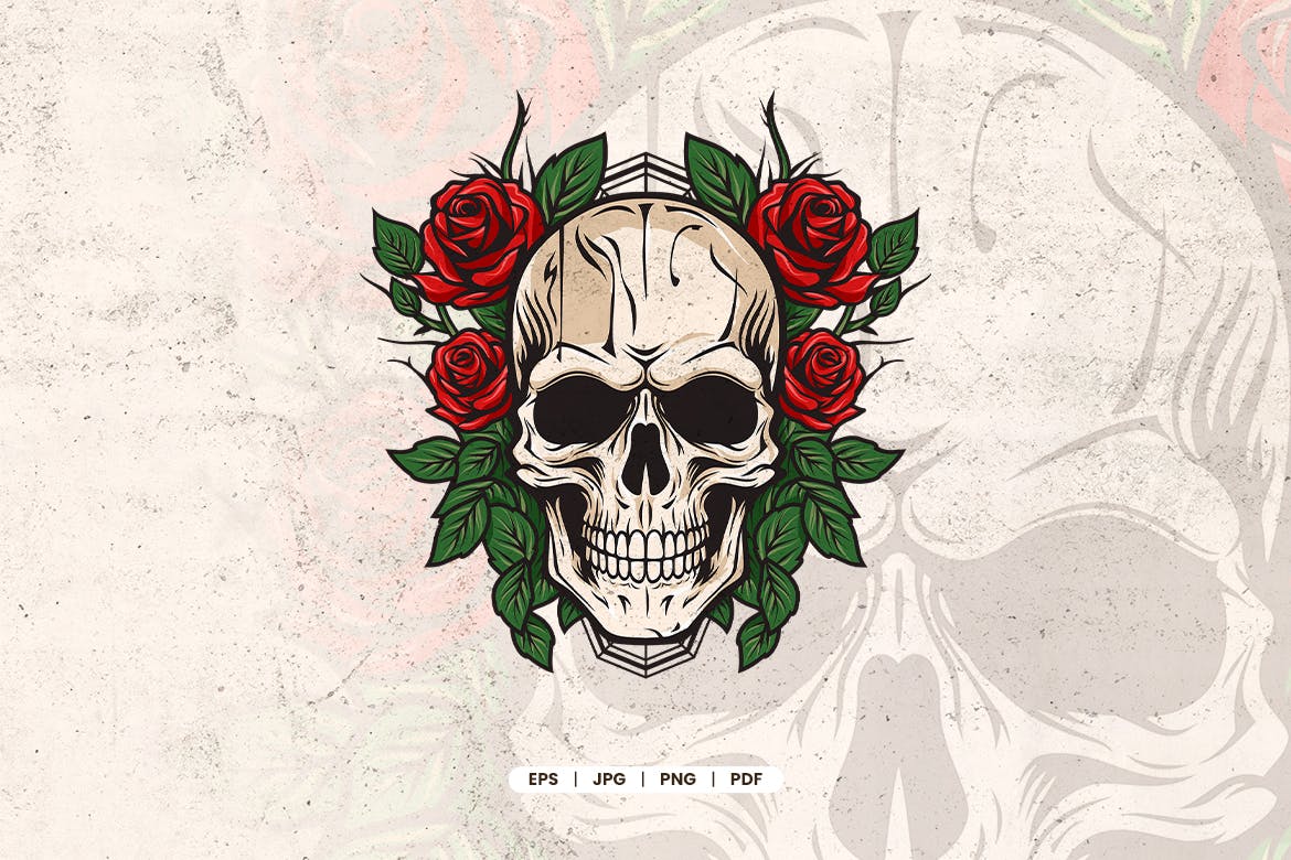 骷髅头和玫瑰花插画 Skull and Roses Illustration