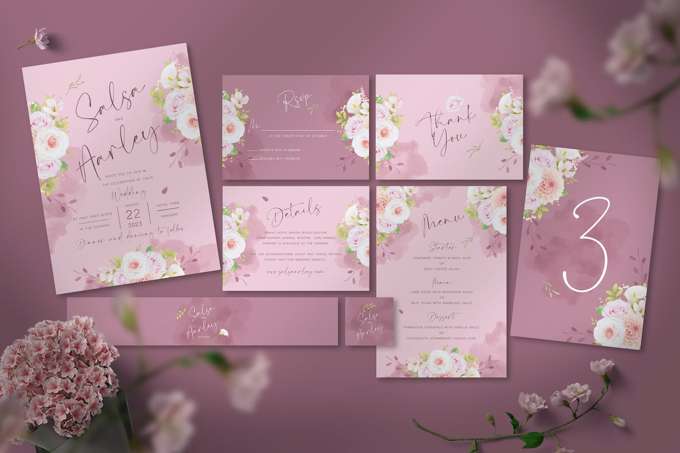 粉色花朵婚礼请柬套装 Pink Flower Wedding Invitation Set