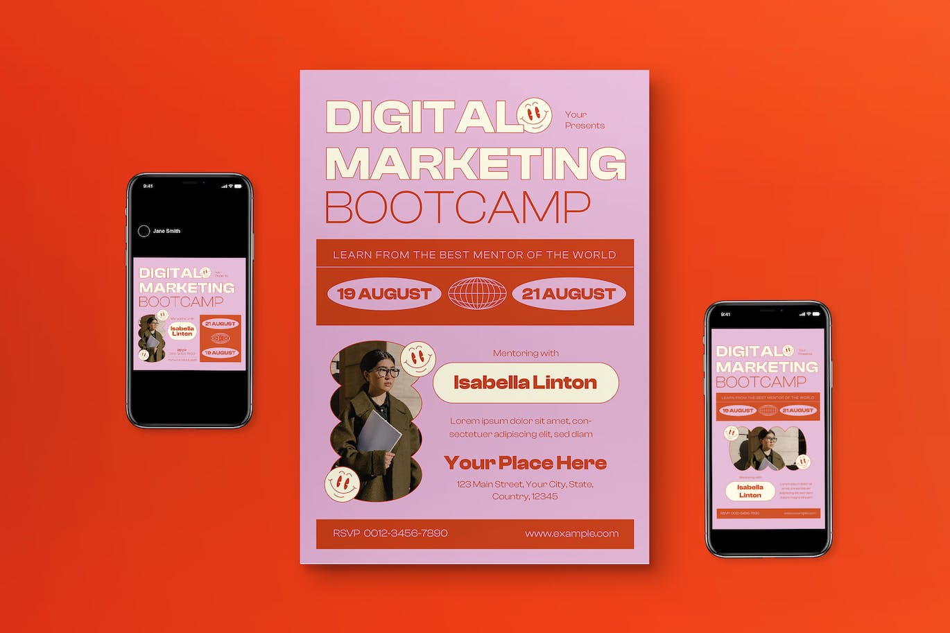 粉红色扁平设计数字营销训练营传单素材 Pink Flat Design Digital Marketing Bootcamp Flyer