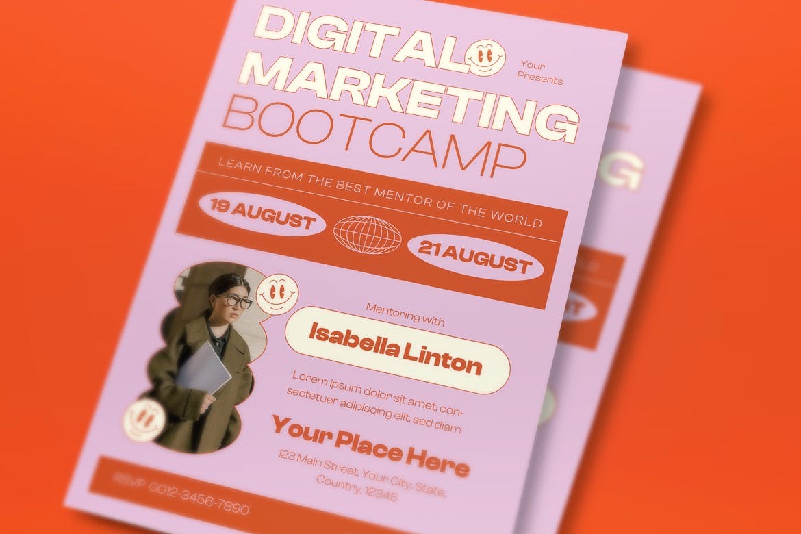 粉红色扁平设计数字营销训练营传单素材 Pink Flat Design Digital Marketing Bootcamp Flyer