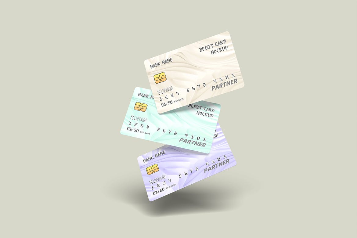 浮动借记卡和货币设计样机 Floating Debit Card and Money Mockup