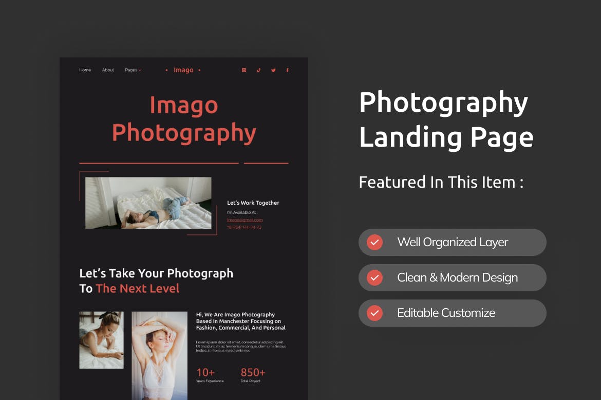 摄影业务网站着陆页Figma模板 Imago Red Clean Photography Landing Page Figma